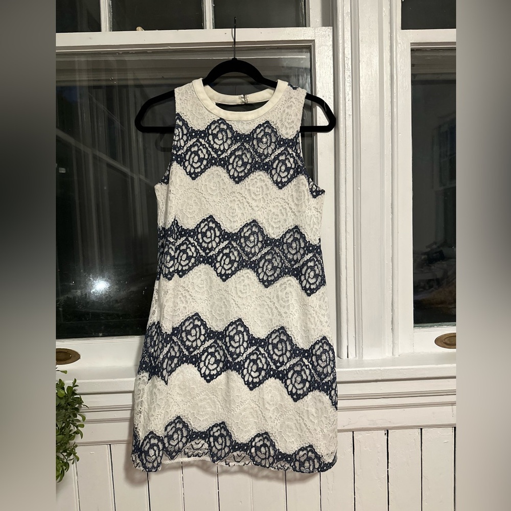 White and navy blue mini lace striped dress